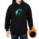 Black hoodie with glowing cat and umbrella graphic design