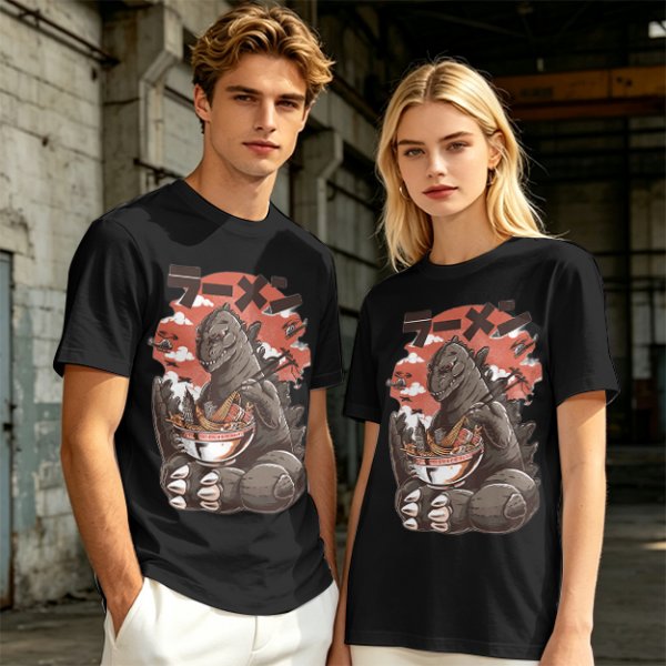 Olive T-shirt with Godzilla eating ramen graphic