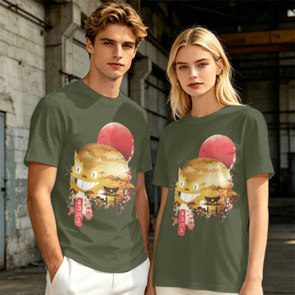 Olive t-shirt with Japanese cat bus and sun graphic