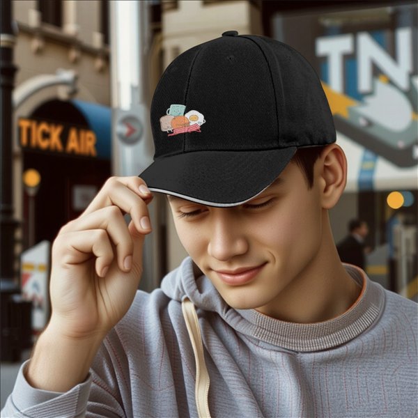 Black baseball cap with cute breakfast food character print