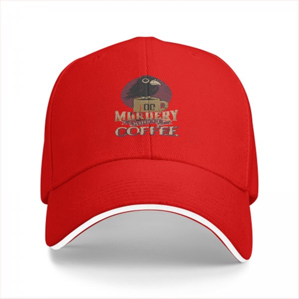 Black baseball cap with 'Too Murdery Without Coffee' crow graphic