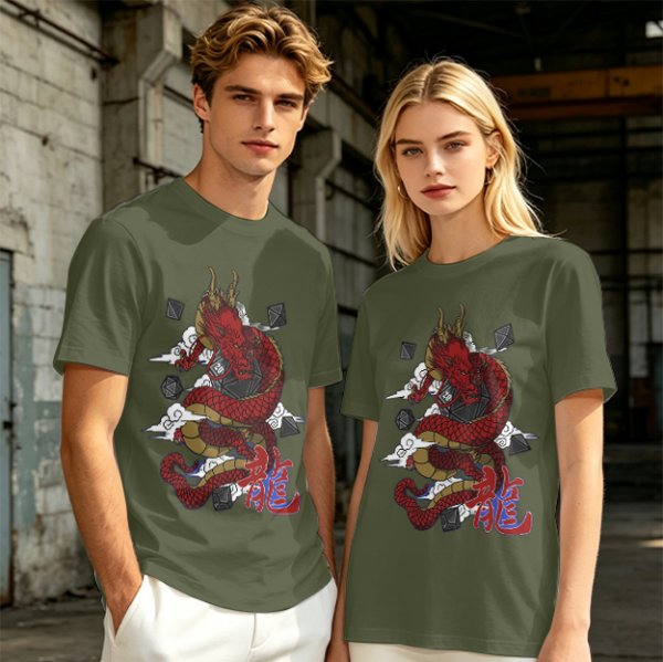 Olive T-shirt with Red Chinese Dragon and Cloud Graphic Print