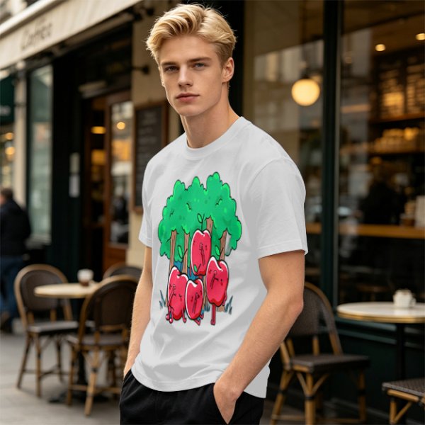Olive T-Shirt With Cartoon Anthropomorphic Apples In Forest Print