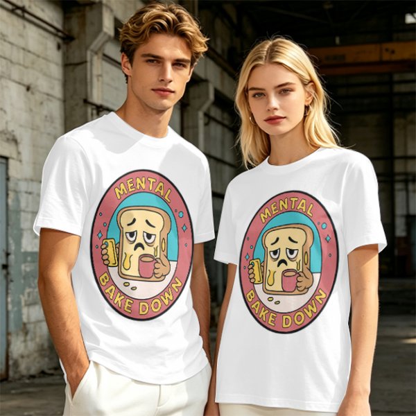 Olive T-Shirt with Sad Toast Holding Coffee and Phone Mental Bake Down Print