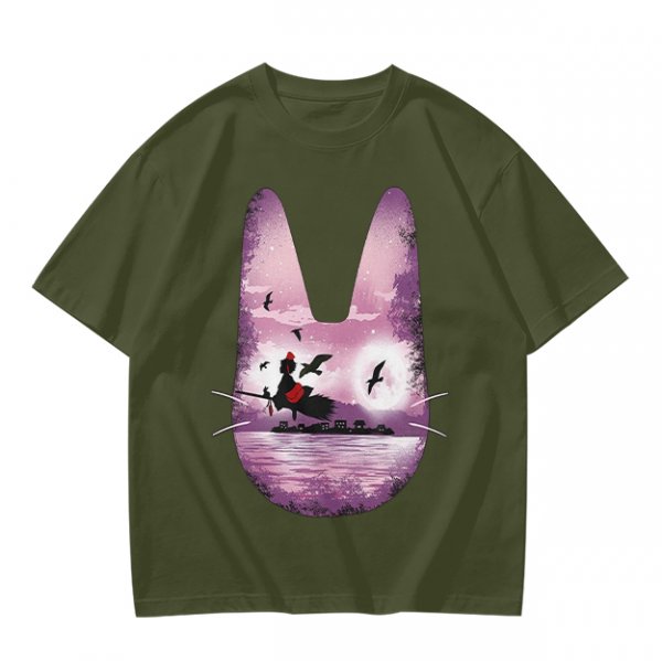 Olive T-Shirt With Witch Riding Broom Silhouette In Bunny Outline