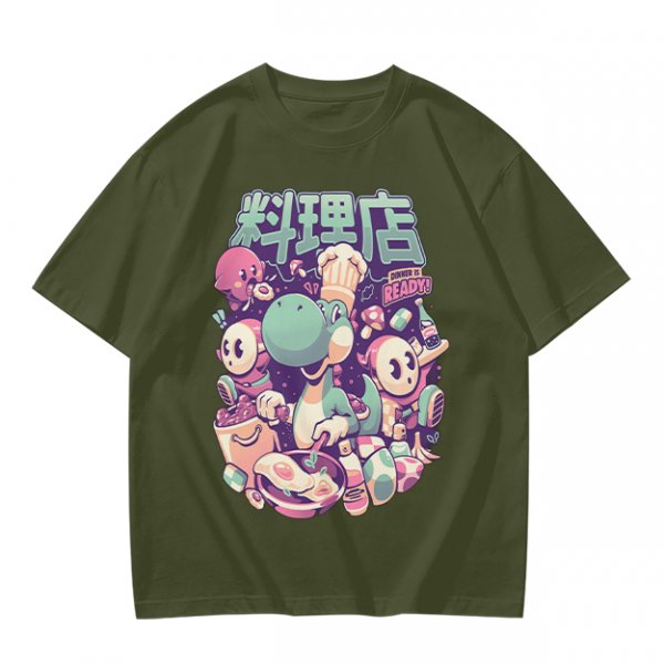Olive t-shirt with dinosaur chef and cute character cooking graphic