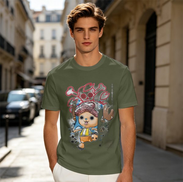 Olive T-Shirt with One Piece Tony Tony Chopper Pirate Skull Print