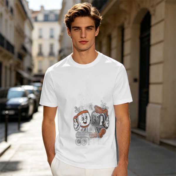 Olive T-Shirt with Retro Cartoon Coffee Cup Characters Graphic