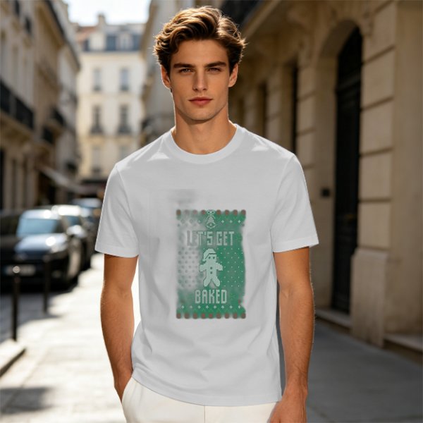 Olive Christmas T-Shirt With 'Let's Get Baked' Gingerbread Man Print