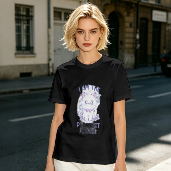 Olive T-Shirt With Cute White Cat 'I Am The Prettiest Flower' Print