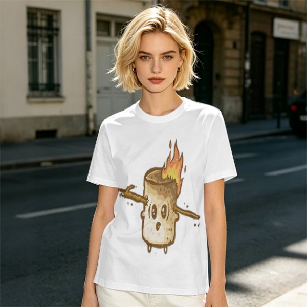 Olive T-Shirt With Surprised Burning Marshmallow Graphic