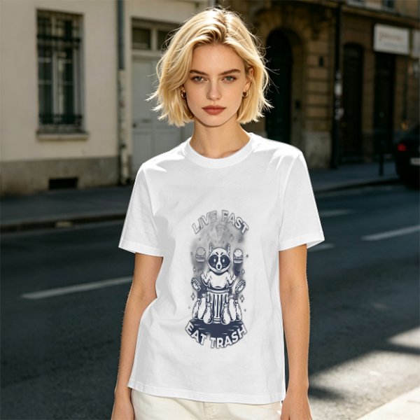 Olive graphic t-shirt with raccoon 'Live Fast Eat Trash' print