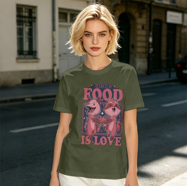 Olive graphic t-shirt with food is love and cartoon animal design