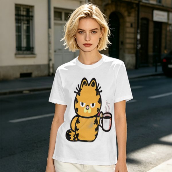 Olive T-Shirt With Grumpy Orange Cat Holding Hot Coffee Print