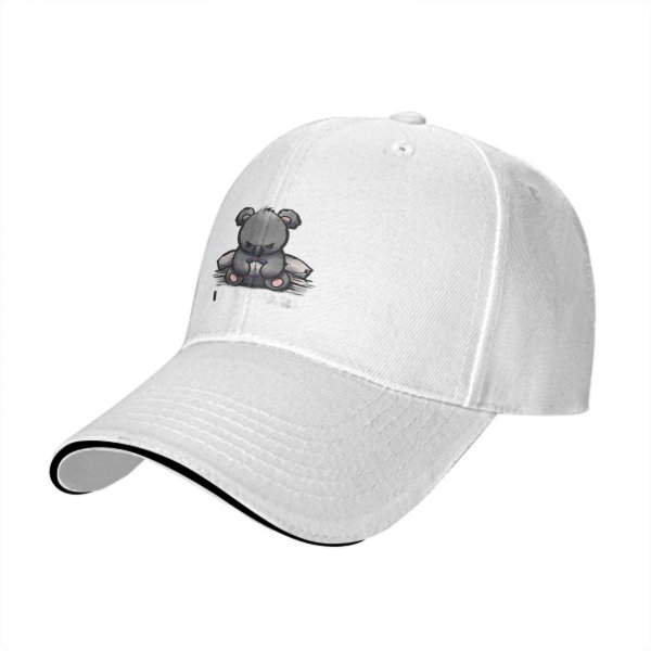 Black baseball cap with grumpy koala sitting on papers print