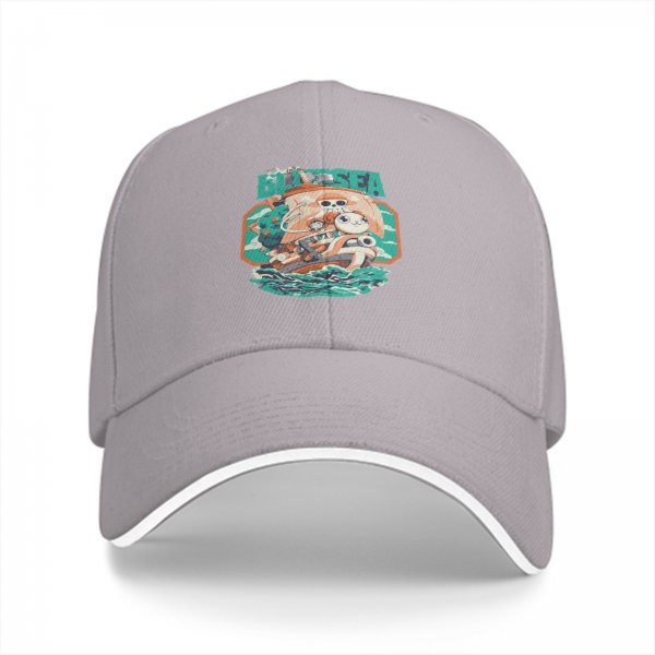 Black Baseball Cap with Blue Sea Pirate Ship Graphic Print