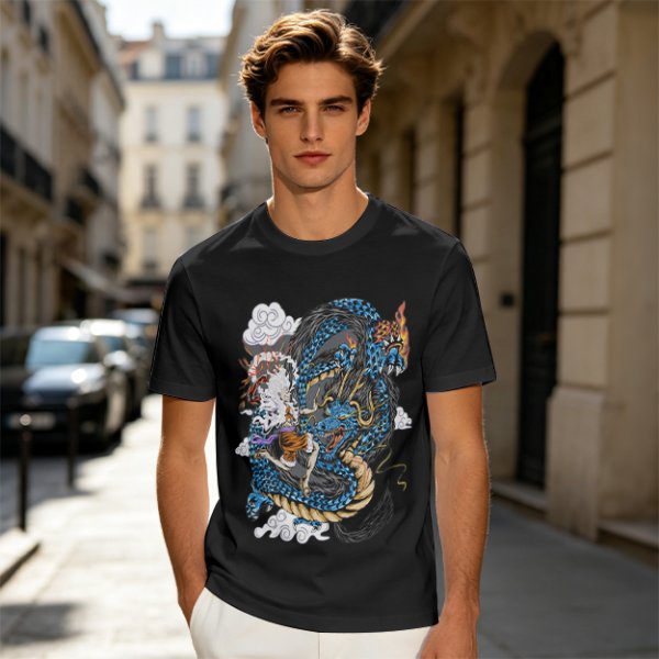 Olive Anime Dragon Graphic Short Sleeve T-Shirt