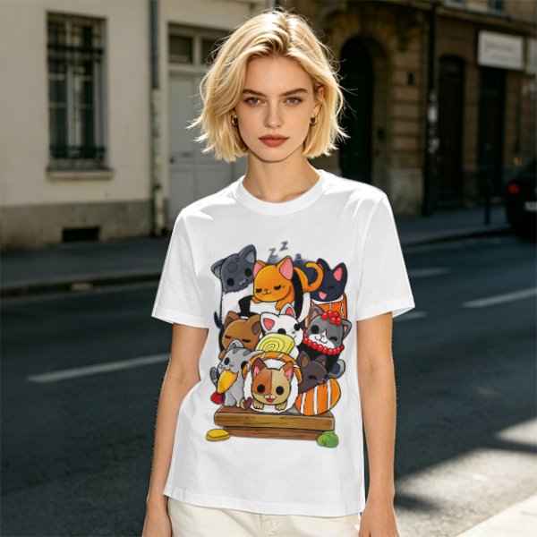 Olive T-Shirt With Cute Sushi Cat Stack Graphic Print