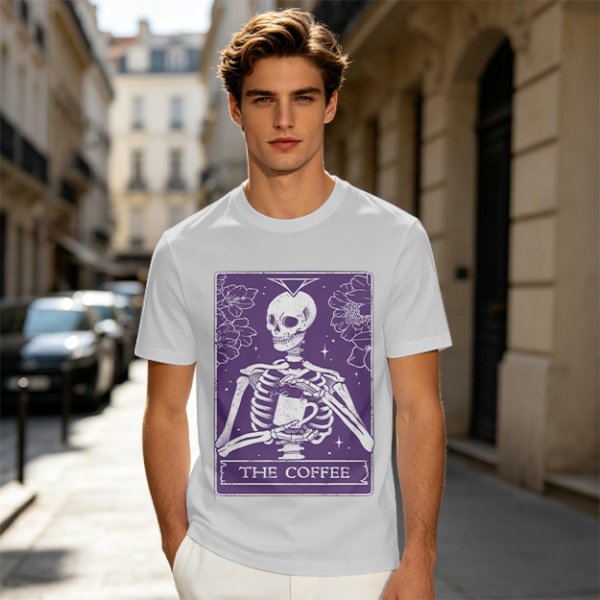 Olive T-Shirt With Skeleton Tarot Card 'The Coffee' Print