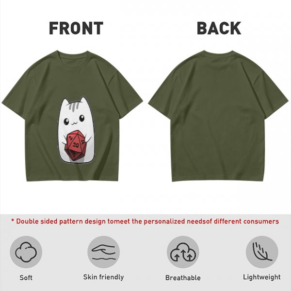 Olive T-Shirt With Cute White Cat Holding D20 Dice Print