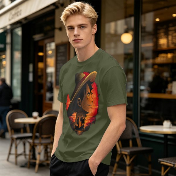 Olive T-Shirt Featuring Monkey D. Luffy Sunset Pirate Ship Art