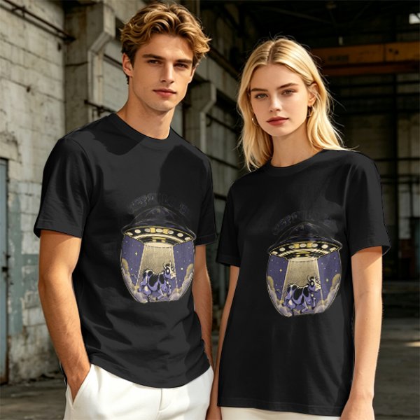 Olive Green T-Shirt with UFO Abducting Cow Graphic