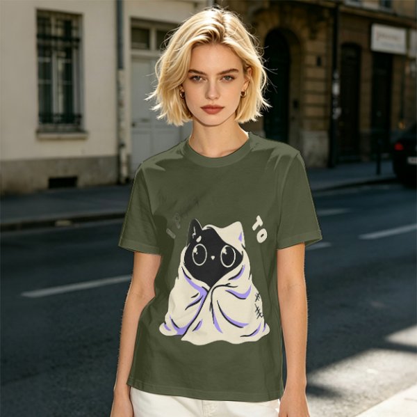 Olive T-shirt with Cute Black Cat Wrapped in Blanket Graphic