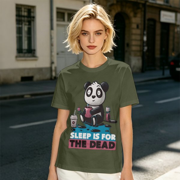 Olive t-shirt with panda drinking coffee and 'Sleep is for the dead' text