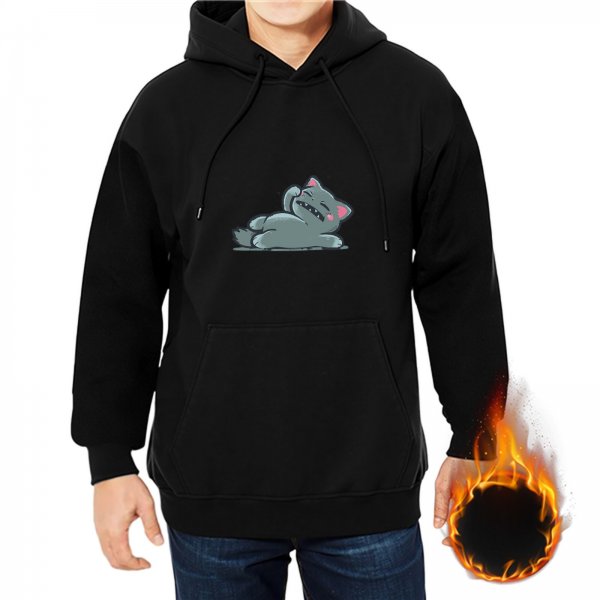 Black Hoodie with Cute Yawning Gray Cat Graphic