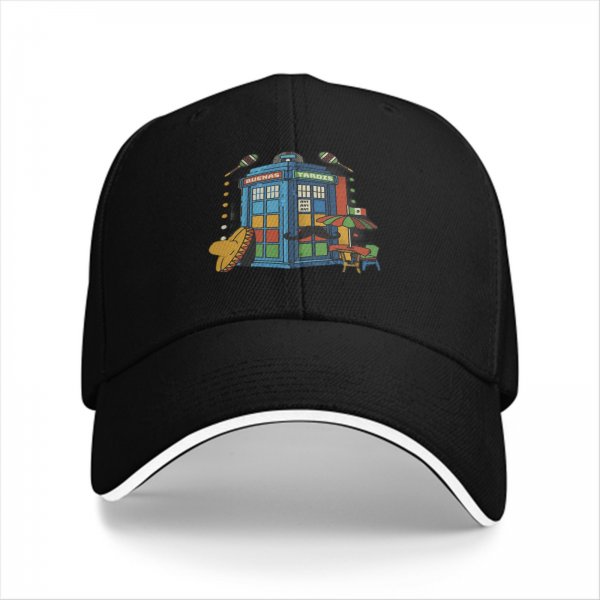 Black baseball cap with Mexican themed TARDIS graphic
