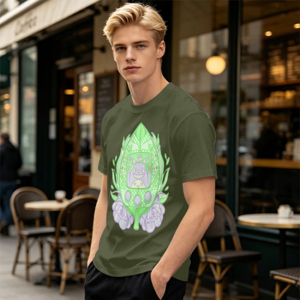 Olive Green T-Shirt With Leaf Shaped Tamagotchi Totoro Print