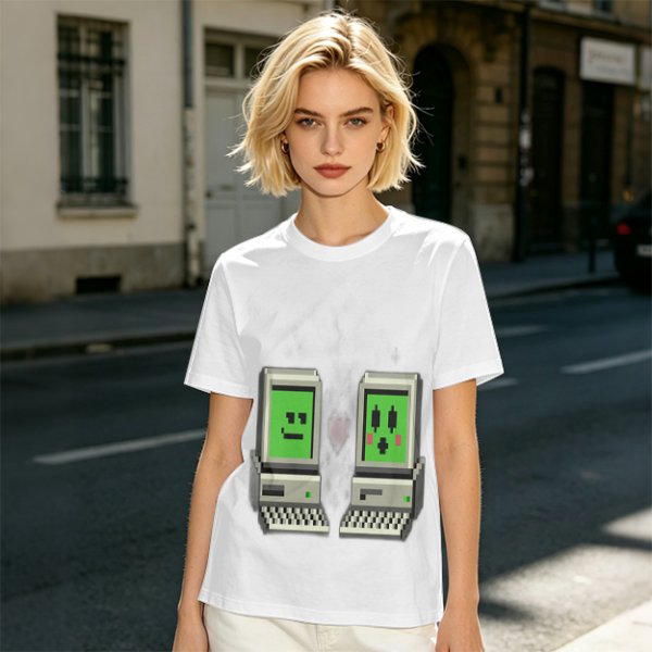 Olive T-shirt with pixel art retro computer characters print