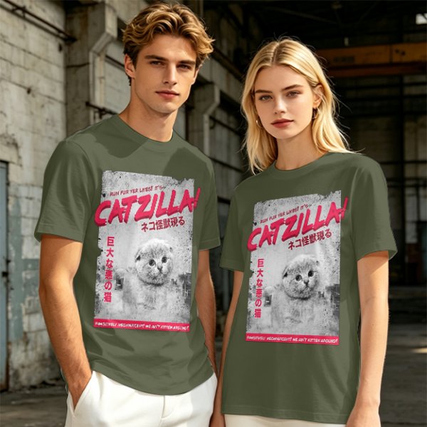 Olive green t-shirt with Catzilla giant cat monster graphic print