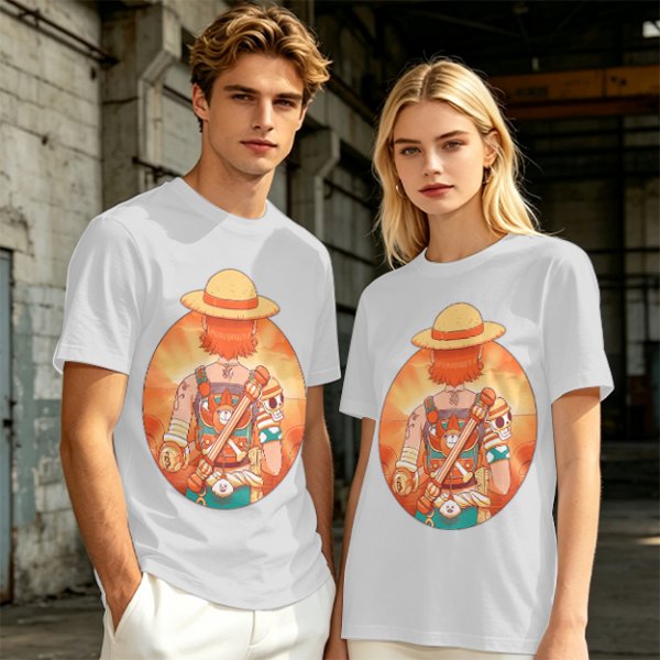 Olive T-Shirt Featuring Anime Character With Straw Hat Back View