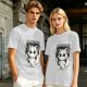 Olive graphic t-shirt with angry cartoon cat holding knife
