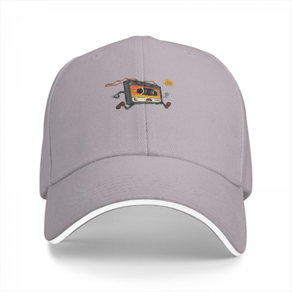 Black baseball cap with running cassette tape graphic