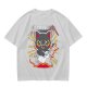 Olive green graphic t-shirt with a cartoon metal cat playing guitar