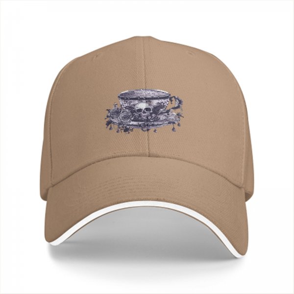 Black baseball cap with gothic teacup skull and rose print