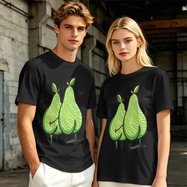 Olive Green T-Shirt With Two Cartoon Pears In Love Graphic
