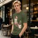 Olive green graphic tee with a sloth relaxing between anthropomorphic coffee mugs