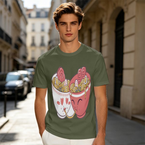 Olive T-Shirt With Cute Ramen Cups In Love Graphic