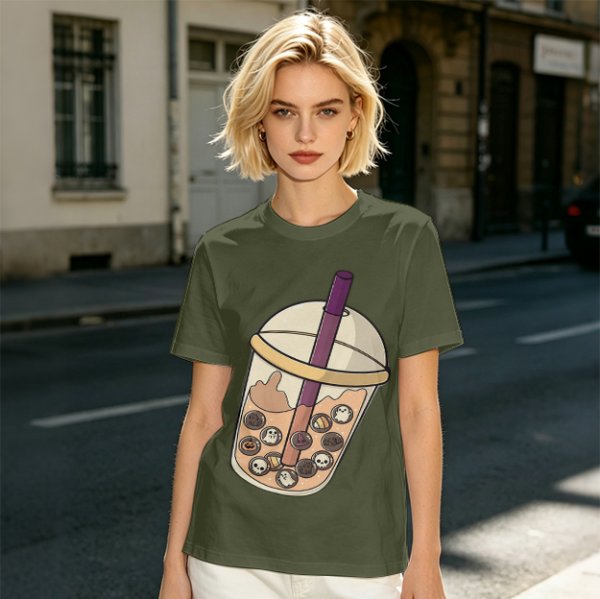Olive T-Shirt With Halloween Themed Boba Tea Graphic