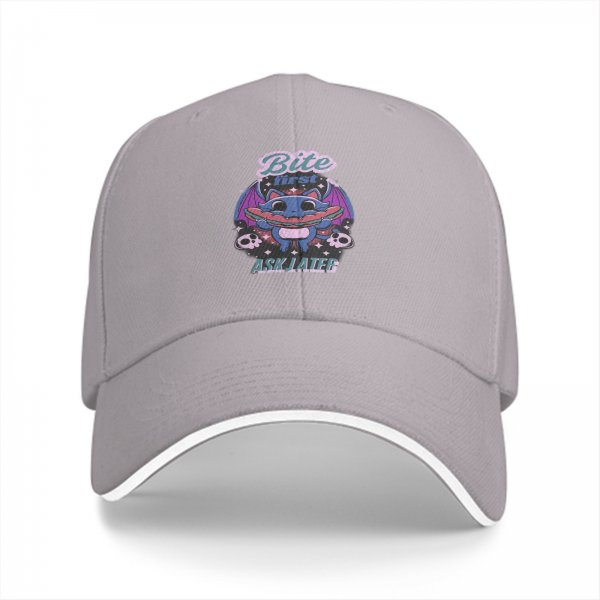 Black baseball cap with cute bat graphic and 'Bite First Ask Later' text