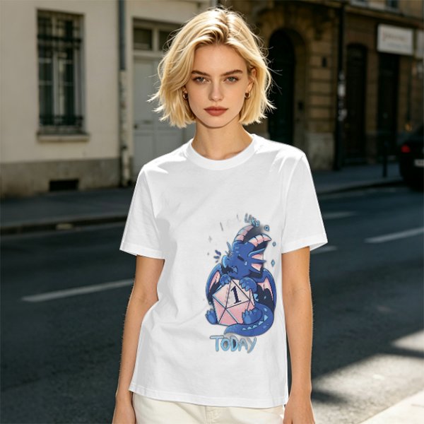 Olive T-Shirt With Sad Dragon Holding D20 Natural 1 'Like A Today' Print