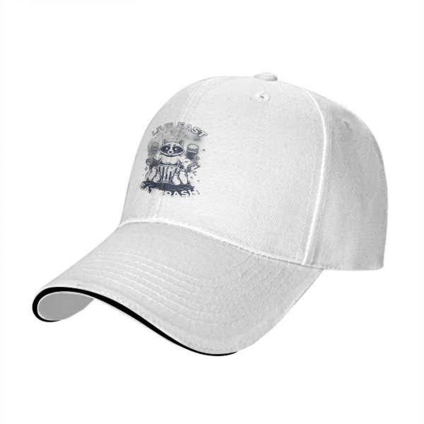 Black baseball cap with raccoon live fast eat trash graphic