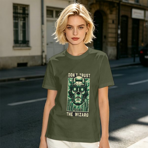 Olive green t-shirt with 'Don't Trust The Wizard' robot graphic print