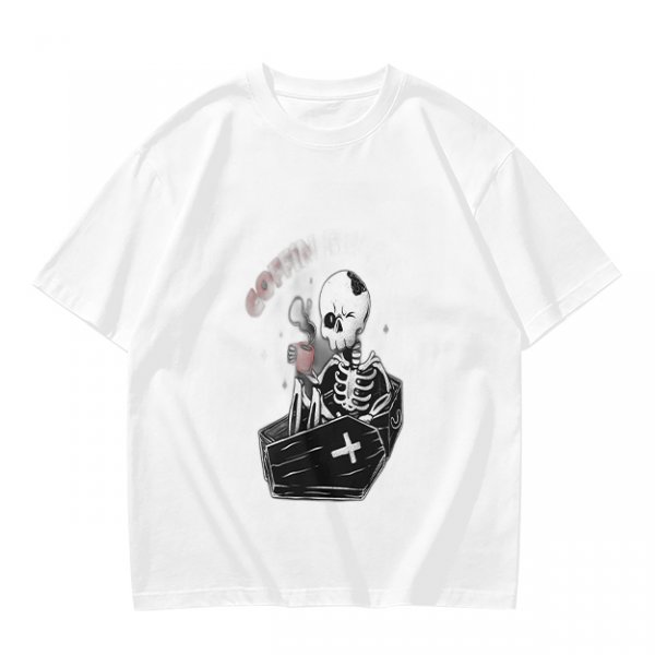 Olive T-shirt with Skeleton in Coffin Holding Coffee Print