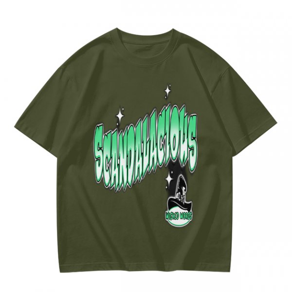 Olive green graphic t-shirt with 'Scandalacious' print and witch hat design