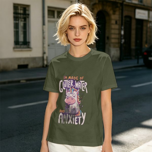 Olive t-shirt with anxious unicorn glitter water and anxiety print