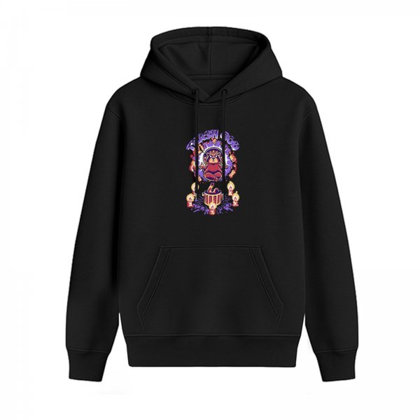 Black graphic hoodie with mystical bear and candle design